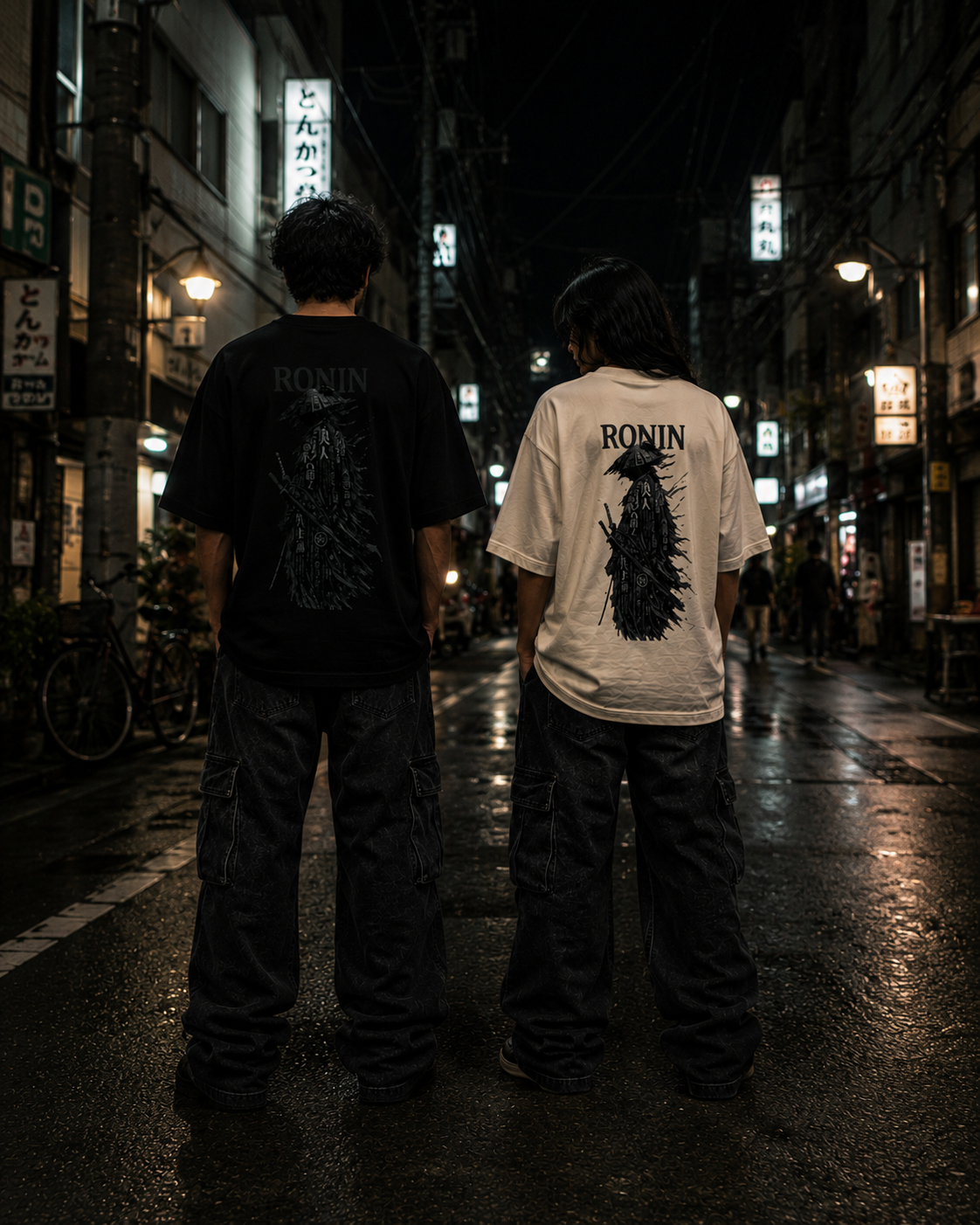 man wearing ronin graphic printed black tshirt and women wearing ronin graphic printed off-white tshirt both are looking backwords showing print on back