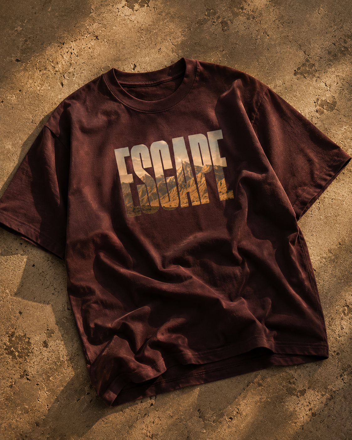 oversized tshirt on flat ground with graphic print saying ESCAPE