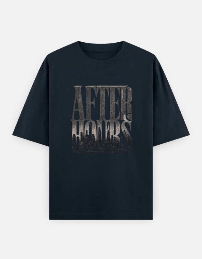 After Hours Front Print Unisex Navy Blue Oversized T-Shirt