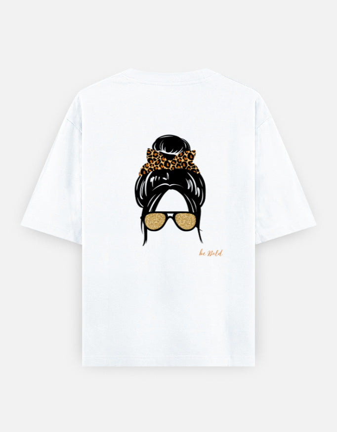 Back. Minimal fashion illustration featuring a messy bun, leopard print scrunchie, and oversized sunglasses. 