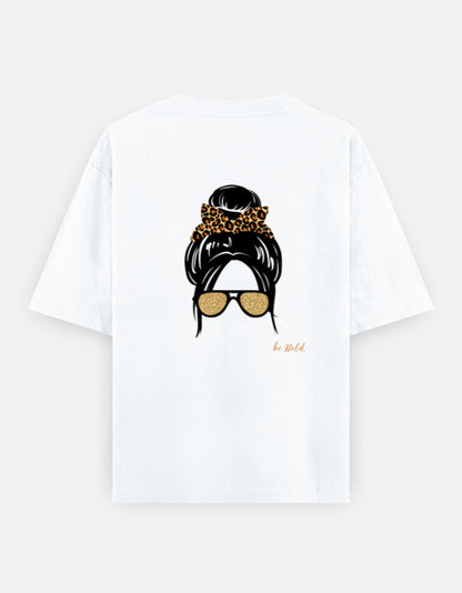 Back. Minimal fashion illustration featuring a messy bun, leopard print scrunchie, and oversized sunglasses. 