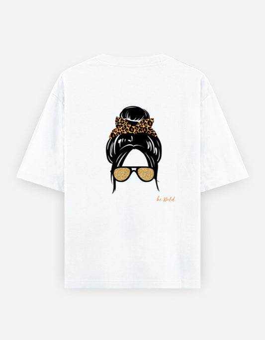 Back. Minimal fashion illustration featuring a messy bun, leopard print scrunchie, and oversized sunglasses. 