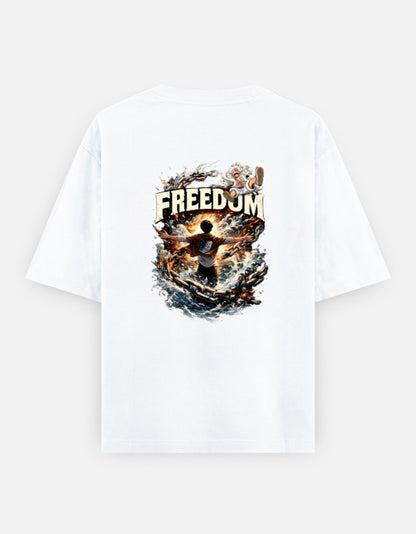 A white short-sleeve t-shirt shown from the back, featuring a large graphic print which have luffy and eren from anime one pieace and attack on titan with the word 'FREEDOM' and a dramatic fiery illustration.