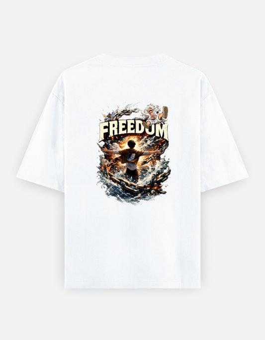 A white short-sleeve t-shirt shown from the back, featuring a large graphic print which have luffy and eren from anime one pieace and attack on titan with the word 'FREEDOM' and a dramatic fiery illustration.