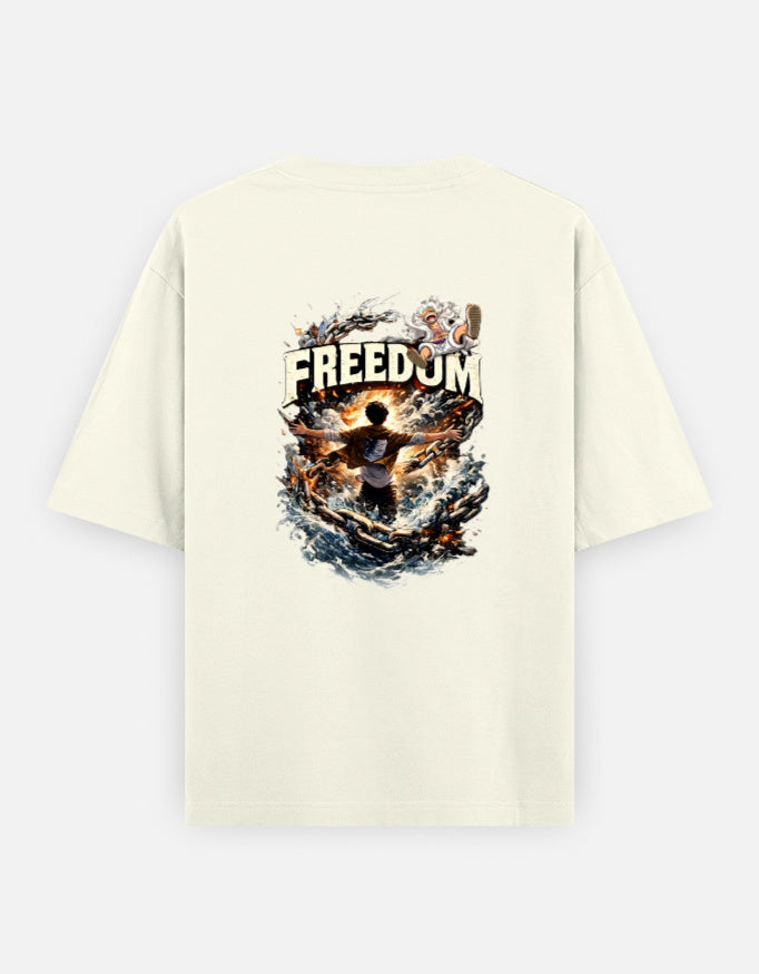 A off white short-sleeve t-shirt shown from the back, featuring a large graphic print which have luffy and eren from anime one pieace and attack on titan with the word 'FREEDOM' and a dramatic fiery illustration.
