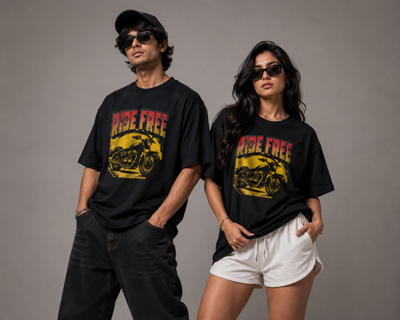 Two people wearing black t-shirts with a motorcycle graphic and 'Ride Free' text on a gray background.