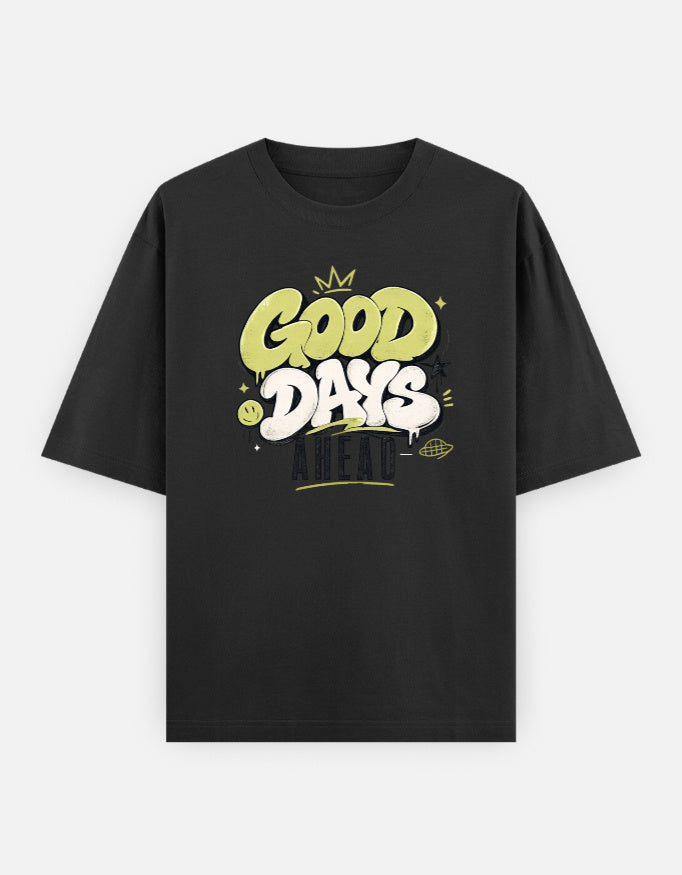 Black t-shirt with 'Good Days' graphic design on a white background