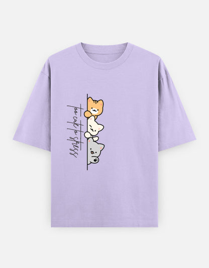 Purple oversized unisex t shirt featuring a cute front print of three cartoon cats peeking from behind a vertical line with the text "perfect stress." Made from premium 240 GSM cotton with a relaxed oversized streetwear fit. Available in Black and Cream by Shisha.