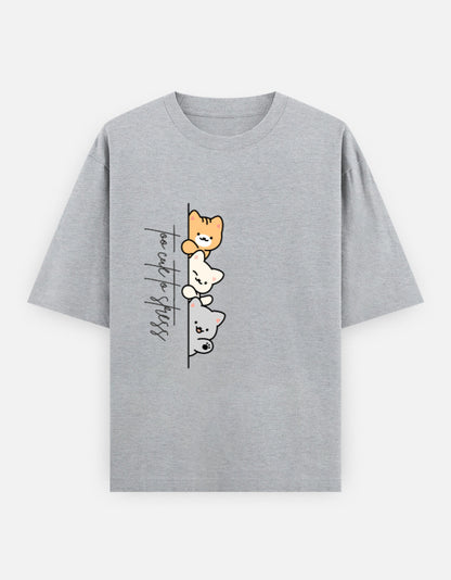 Grey oversized unisex t shirt featuring a cute front print of three cartoon cats peeking from behind a vertical line with the text "perfect stress." Made from premium 240 GSM cotton with a relaxed oversized streetwear fit. Available in Black and Cream by Shisha.