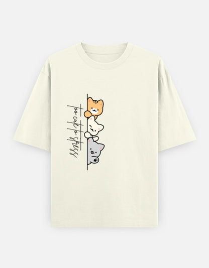 Off-White oversized unisex t shirt featuring a cute front print of three cartoon cats peeking from behind a vertical line with the text "perfect stress." Made from premium 240 GSM cotton with a relaxed oversized streetwear fit. Available in Black and Cream by Shisha.
