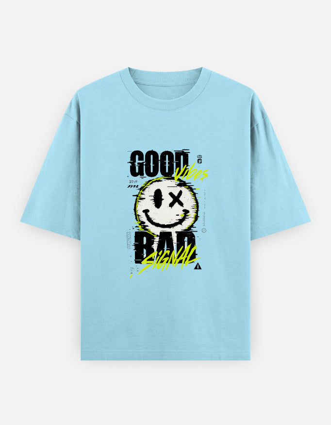 Good Vibes Bad Signal Front Print Unisex Mint Blue Oversized T-Shirt