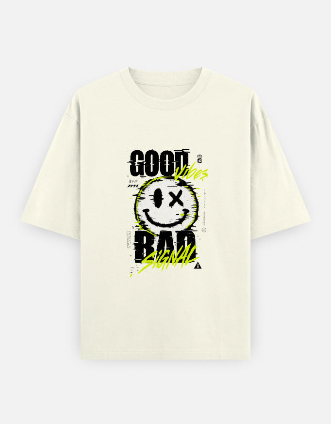 Good Vibes Bad Signal Front Print Unisex Off White Oversized T-Shirt
