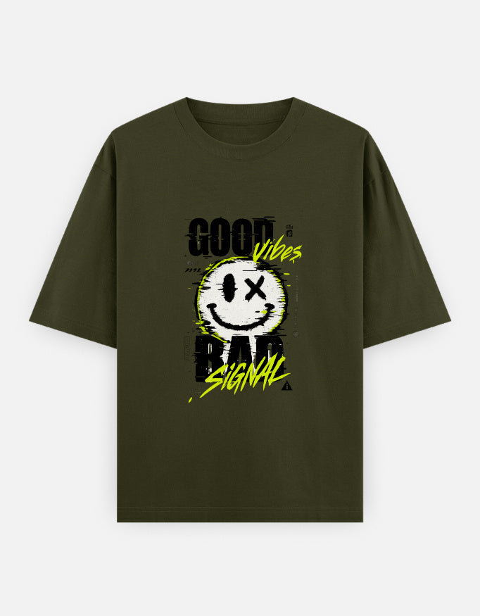 Good Vibes Bad Signal Front Print Unisex Olive Oversized T-Shirt