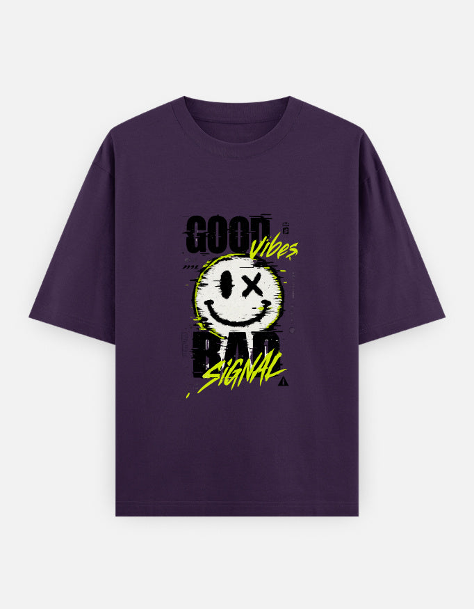 Good Vibes Bad Signal Front Print Unisex Purple Oversized T-Shirt