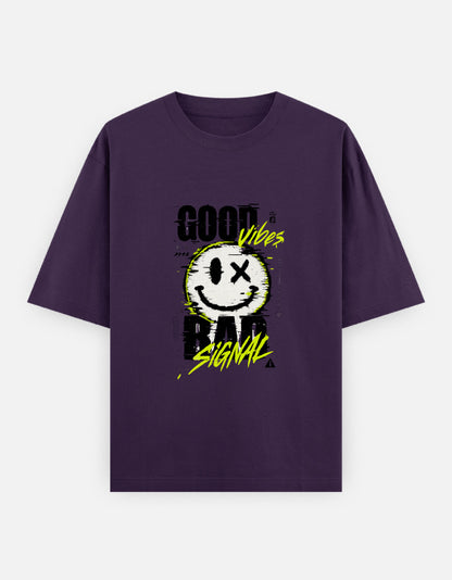 Good Vibes Bad Signal Front Print Unisex Purple Oversized T-Shirt