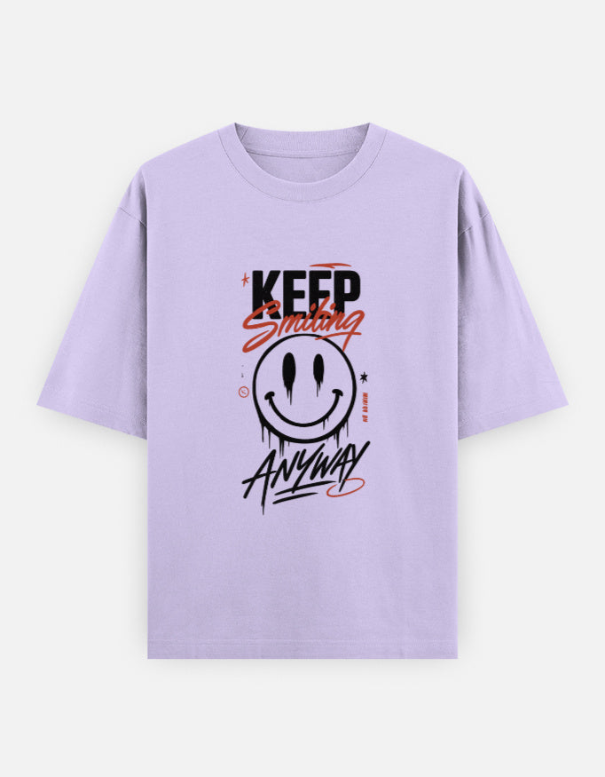 Keep Smiling Anyway Front Print Unisex Lavender Oversized T-Shirt