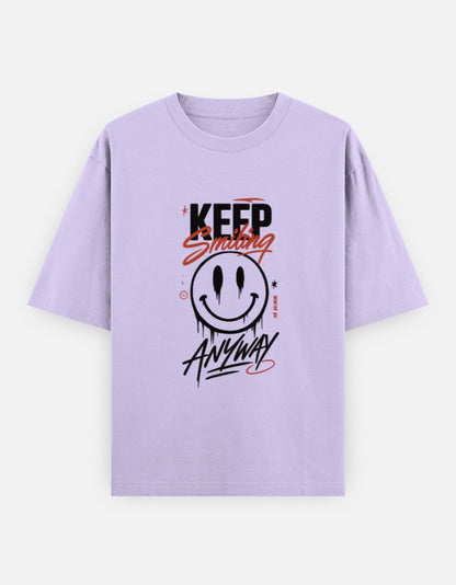 Keep Smiling Anyway Front Print Unisex Lavender Oversized T-Shirt