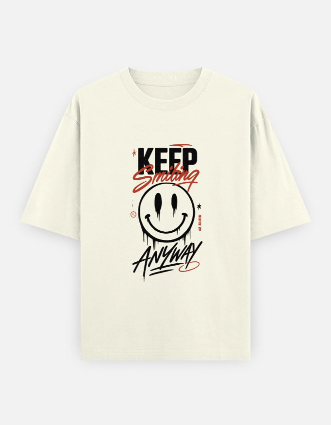 Keep Smiling Anyway Front Print Unisex Off-white Oversized T-Shirt