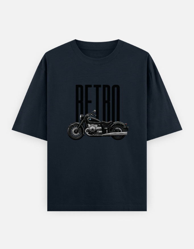 Retro Rider Front Print Unisex Navy Blue Oversized T-Shirt