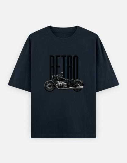 Retro Rider Front Print Unisex Navy Blue Oversized T-Shirt