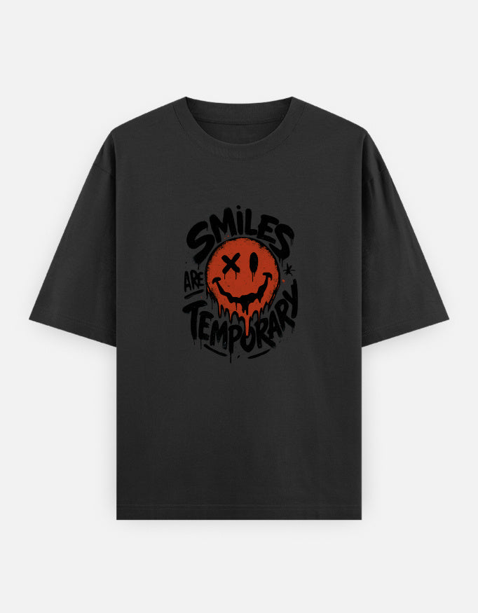 Smiles Are Temporary Front Print Unisex Black Oversized T-Shirt
