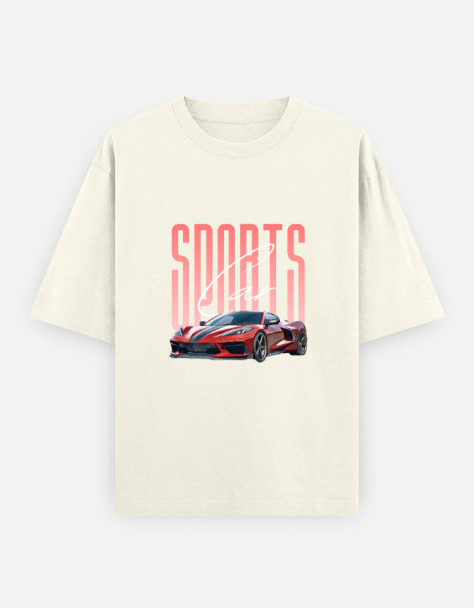Sports Car Front Print Unisex off White Oversized T-Shirt